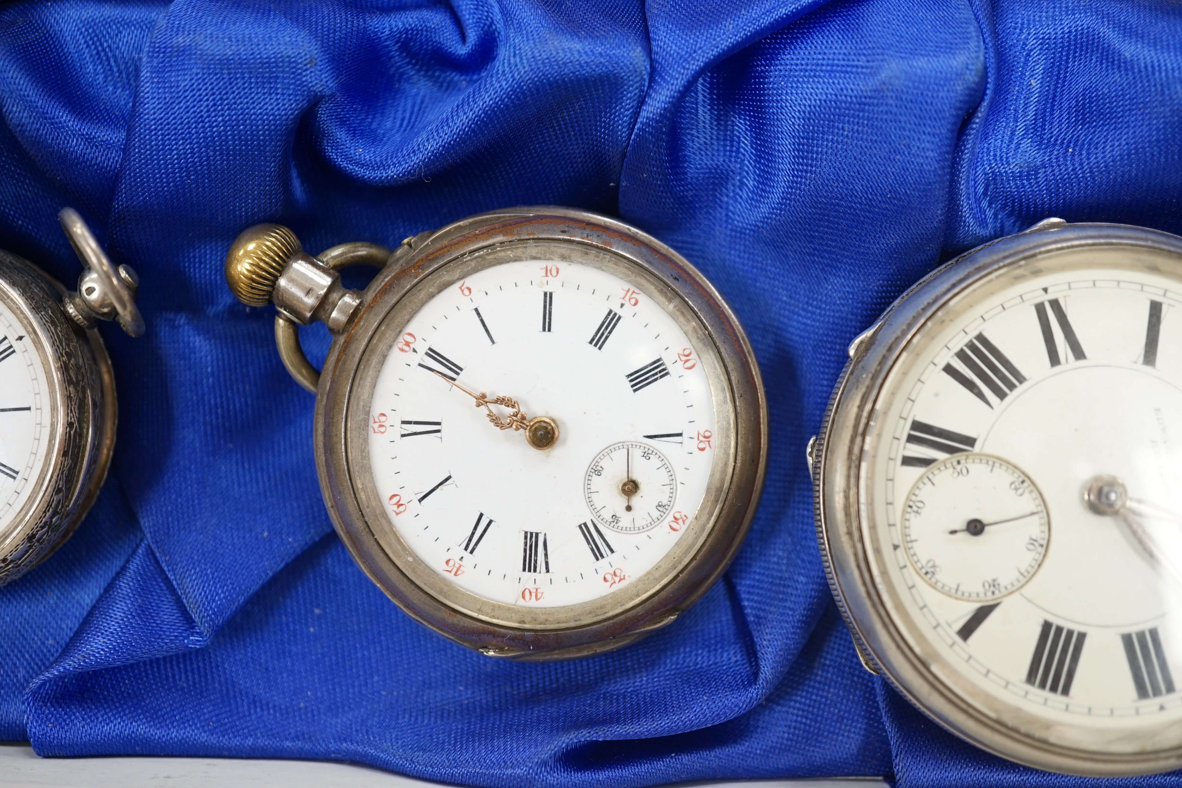 Two silver albert chains, including graduated link and silver gilt(worn), largest 40cm, together with eight assorted pocket or fob watches including silver, white metal and gold plated.